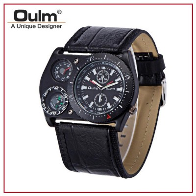 OULM HP4094 Mens Leather Strap Quartz Watch with Movement Compass and Thermometer Analog Display Black
